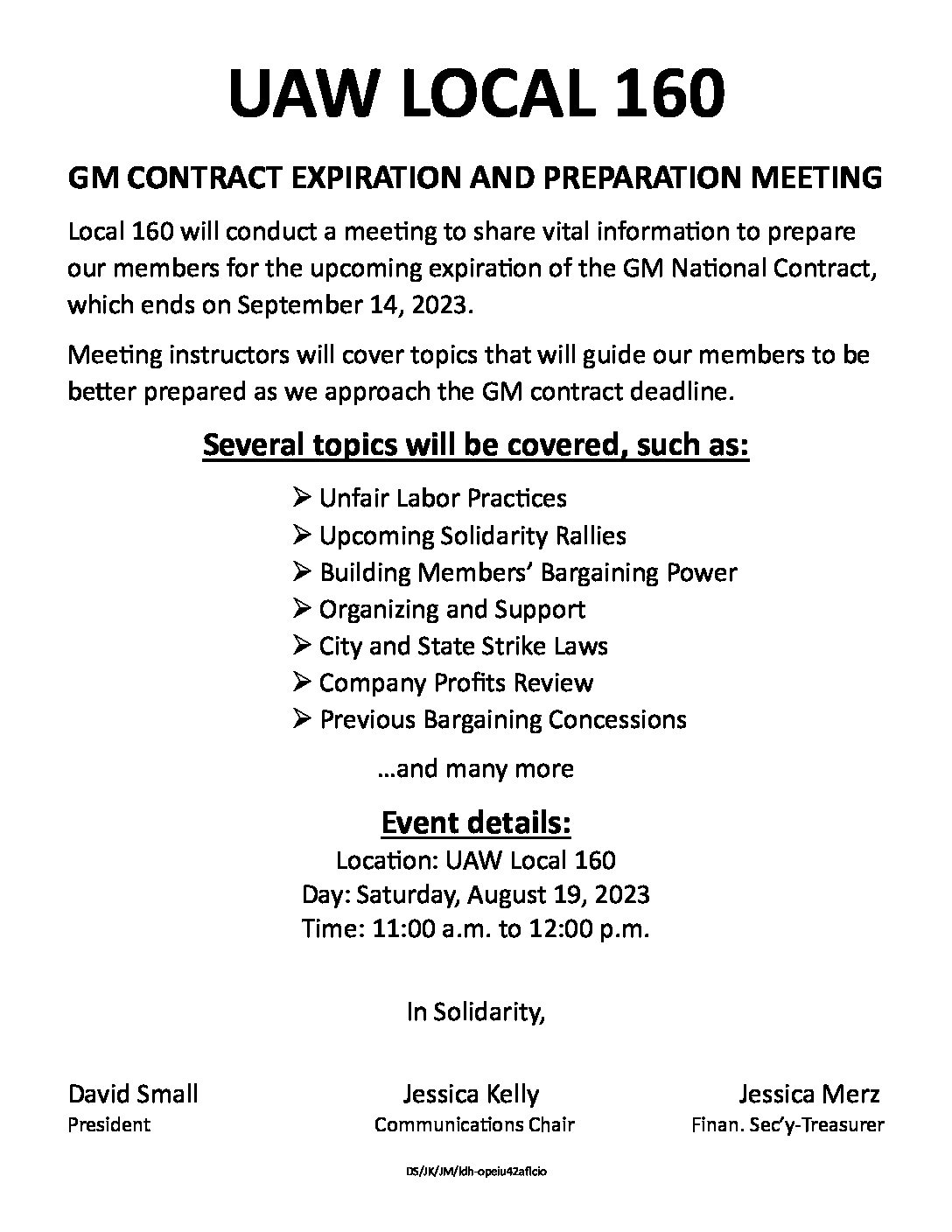 Contract Expiration and Preparation Meeting August 19th UAW Local 160