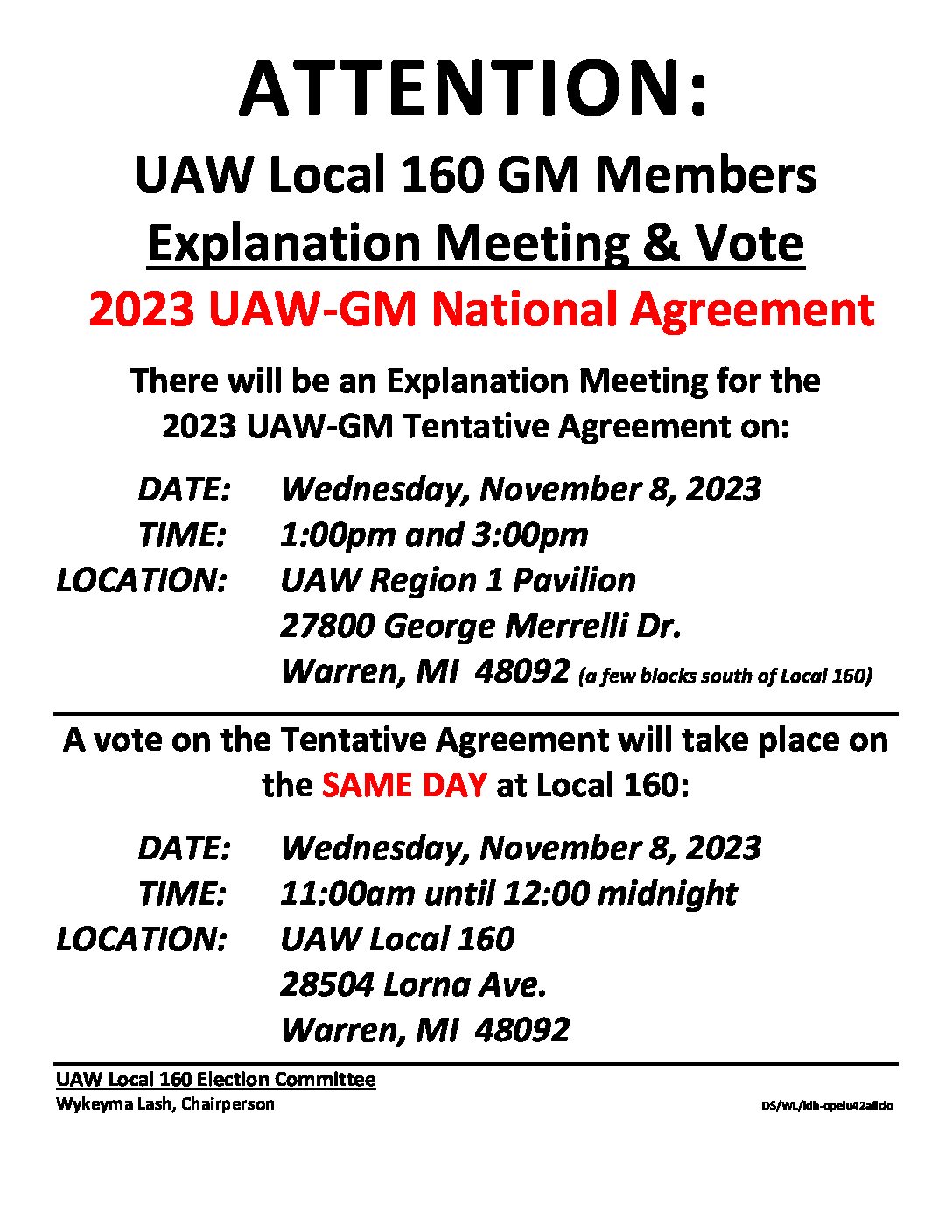 UAWGM TA INFORMATIONAL MEETING AND RATIFICATION VOTE NOVEMBER 8